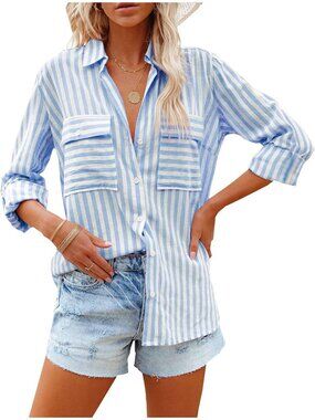 🆕Women's Blue Long Sleeve Button Down V Neck Casual Imported Blouses Shirts